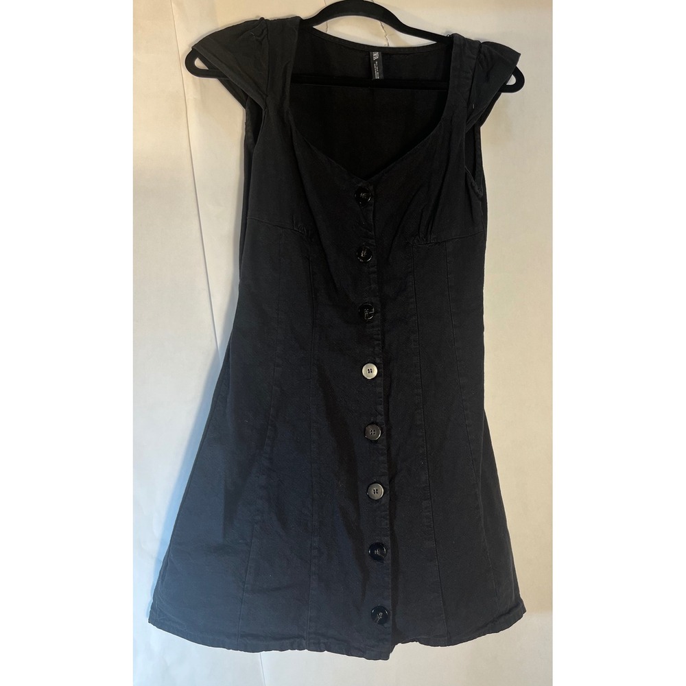 Zara Woman's Black‎ Cap Sleeve V-Neck Bodycon Soft Denim Dress Button Up Small